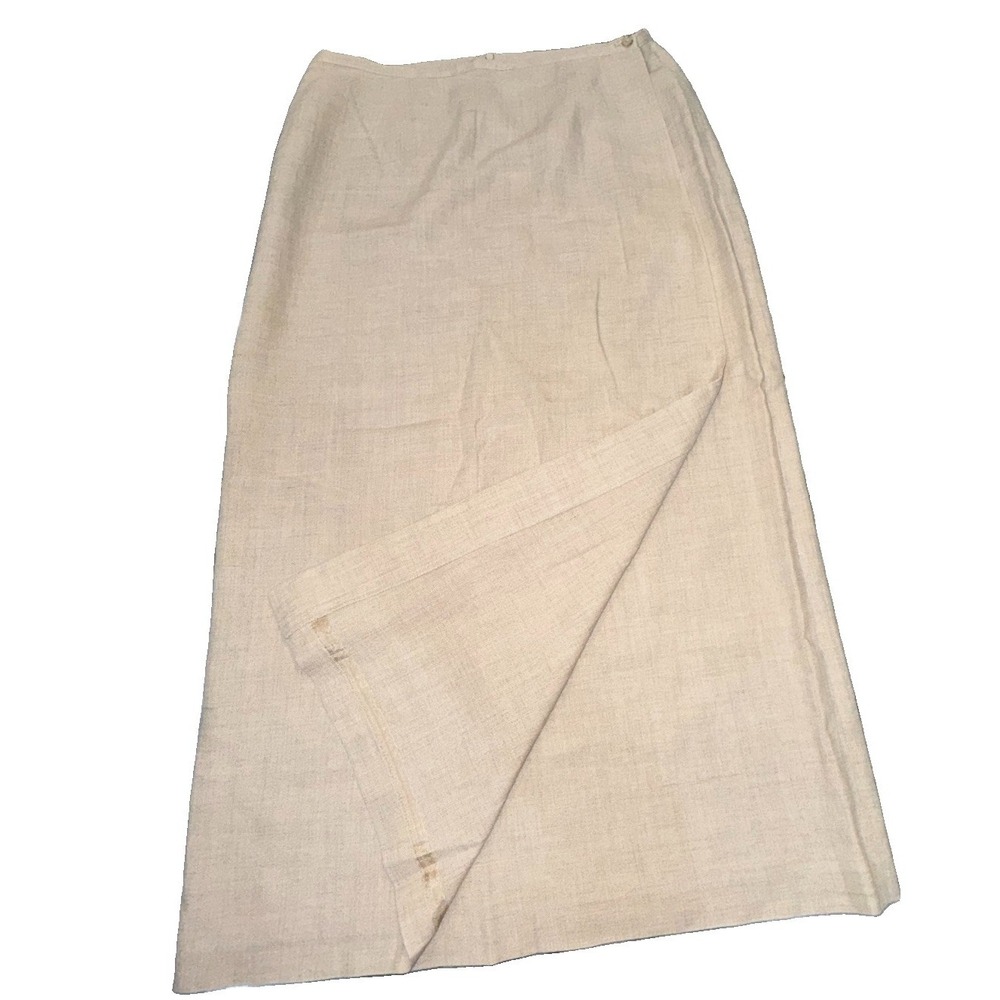 Preston & Yorke Linen Viscose Midi Wrap Skirt Beige Tan 32" Sz 12 Minimalist